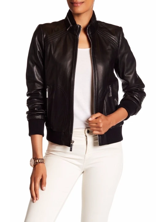 Womens Genuine Lambskin Black Leather Zip Moto Bomber Jacket