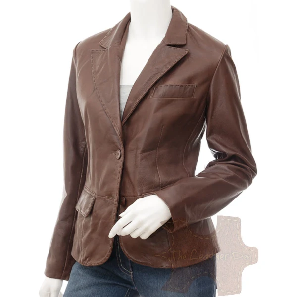 Womens High Quality Genuine Lambskin Brown Leather blazer