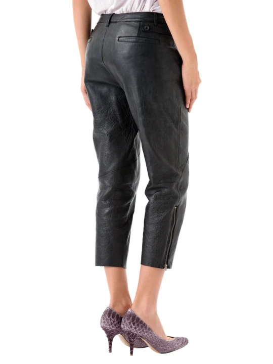 Womens High Waisted Front Pockets Pure Black Leather Capri Pant