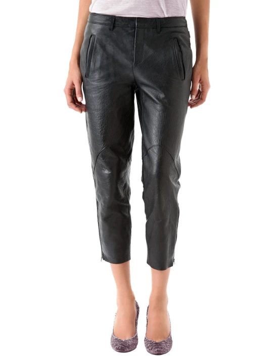 Womens High Waisted Front Pockets Pure Black Leather Capri Pant