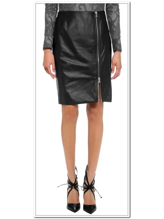 Womens Knee Length Genuine Soft Lambskin Black Leather Skirt