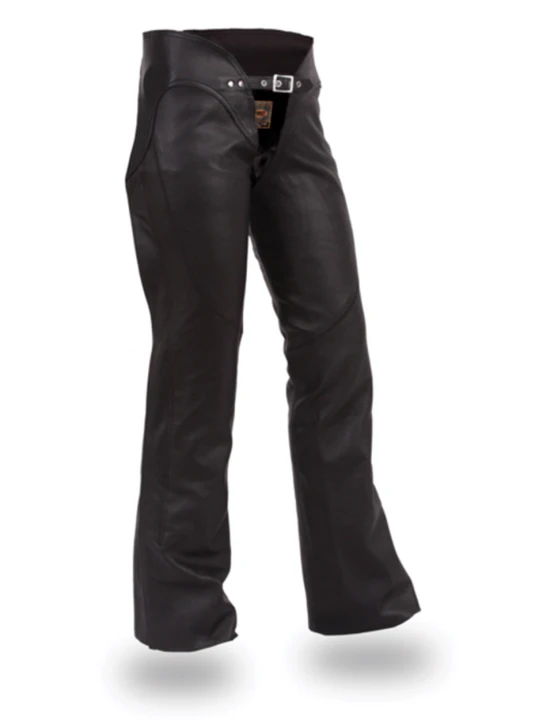 Womens Low Rise Curvy Fitted Black Leather Motorcycle Chaps