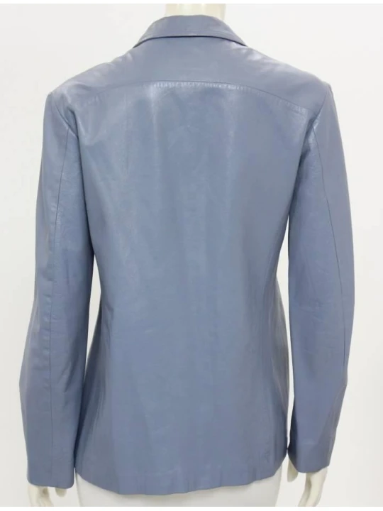 Womens Pure Blue Leather Simple Blazer Jacket