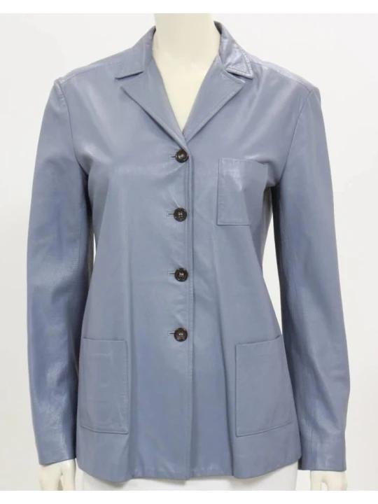 Womens Pure Blue Leather Simple Blazer Jacket