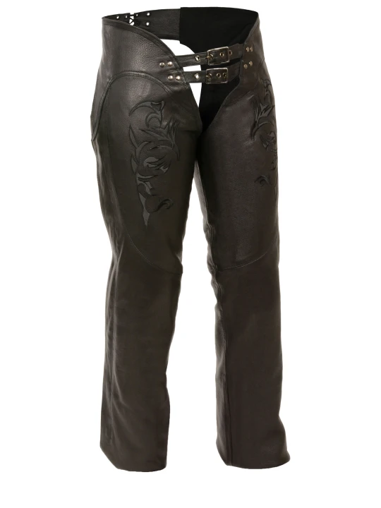 Womens Reflective Tribal Embroidery Black Leather Biker Chaps