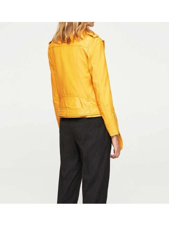 Womens Slim Fit Genuine Yellow Leather Motorcycle Jacket