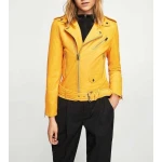 Womens Slim Fit Genuine Yellow Leather Motorcycle Jacket