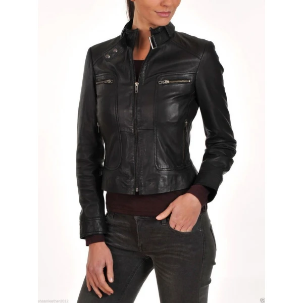 Womens Slim Fit Pure Black Leather Motorcycle Short Jacket