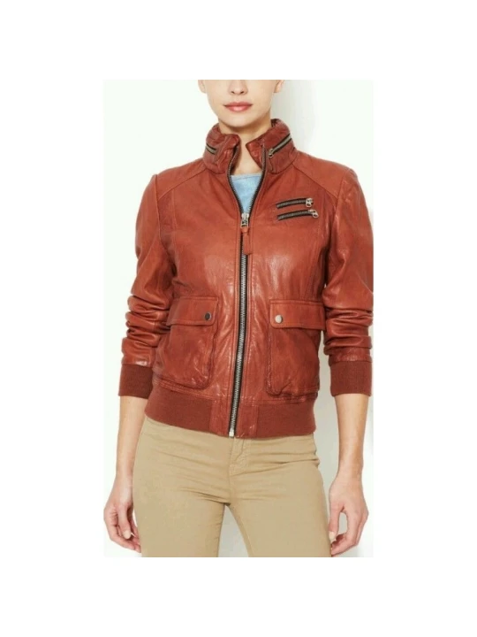 Womens Tan Color Leather Moto Biker Hooded Bomber Jacket