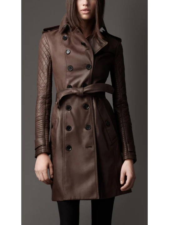 Womens Brown Long Leather Quilted Sleeve Trench Coat
