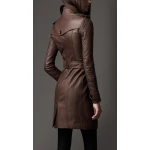 Womens Brown Long Leather Quilted Sleeve Trench Coat