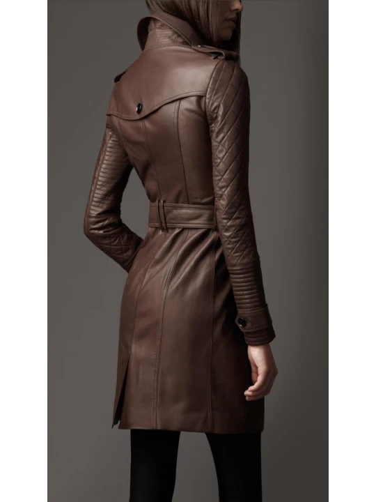 Womens Brown Long Leather Quilted Sleeve Trench Coat