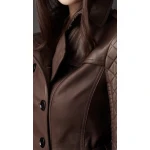 Womens Brown Long Leather Quilted Sleeve Trench Coat