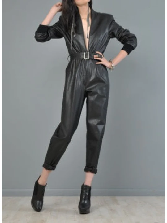 Womens Customized Genuine Black Leather Overall Jumpsuit