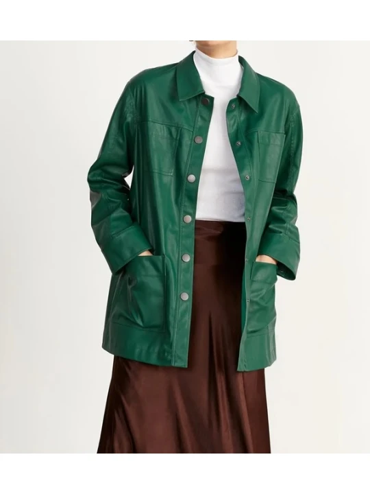 Women Green Leather Winter Coat Outfit