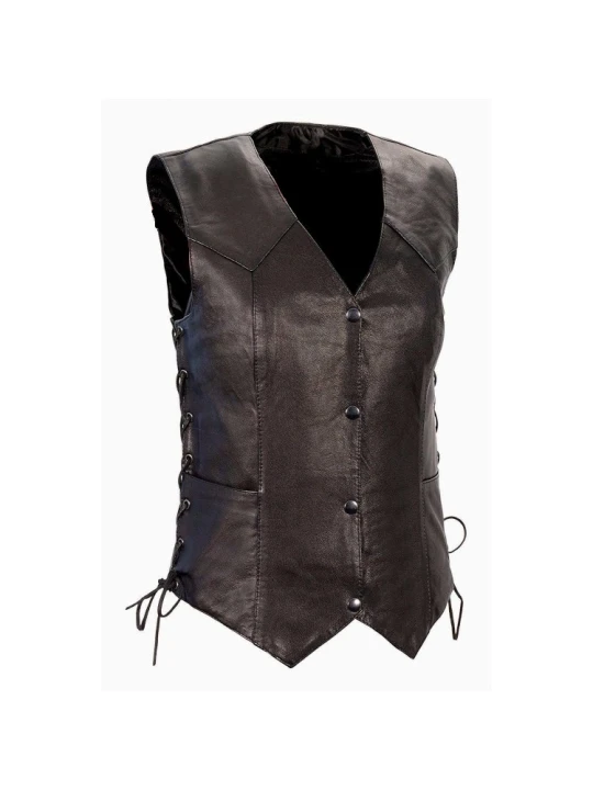 Womens Lightweight Black Leather Basic Side Lace Motorcycle Vest