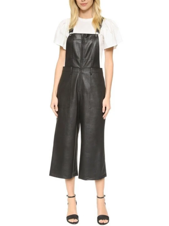 Womens Street Fashion Natural Black Leather overall Jumpsuit