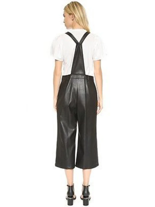Womens Street Fashion Natural Black Leather overall Jumpsuit