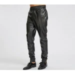 Ankle Zippers Pure Black Leather Joggings Trousers Pants For Male