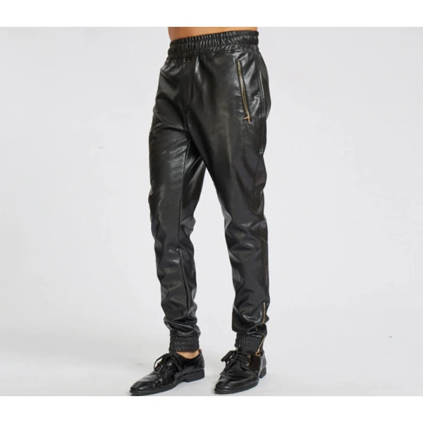 Ankle Zippers Pure Black Leather Joggings Trousers Pants For Male