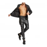 Ankle Zippers Pure Black Leather Joggings Trousers Pants For Male