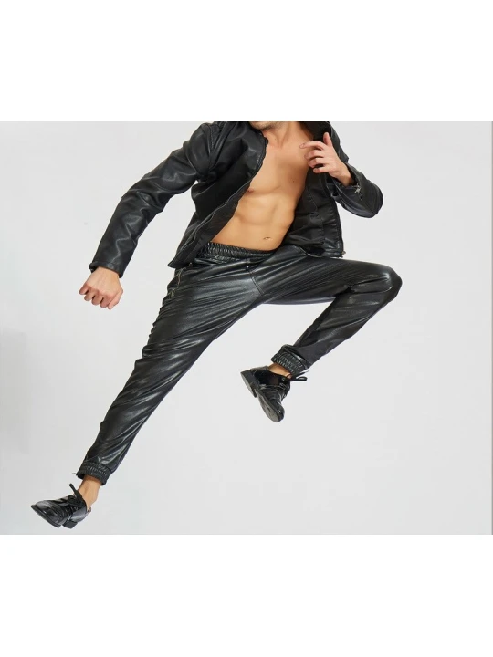 Ankle Zippers Pure Black Leather Joggings Trousers Pants For Male