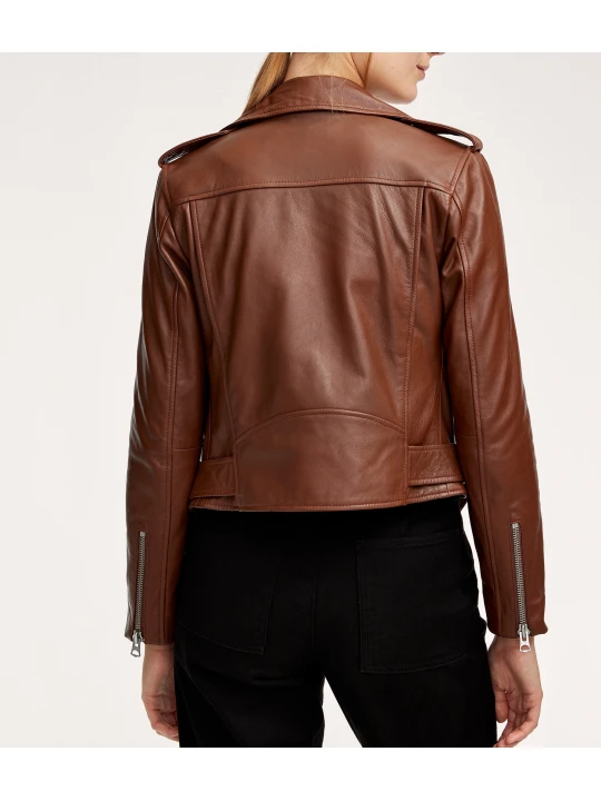 Authentic Custom Branded Brown Leather Biker Jacket for Women