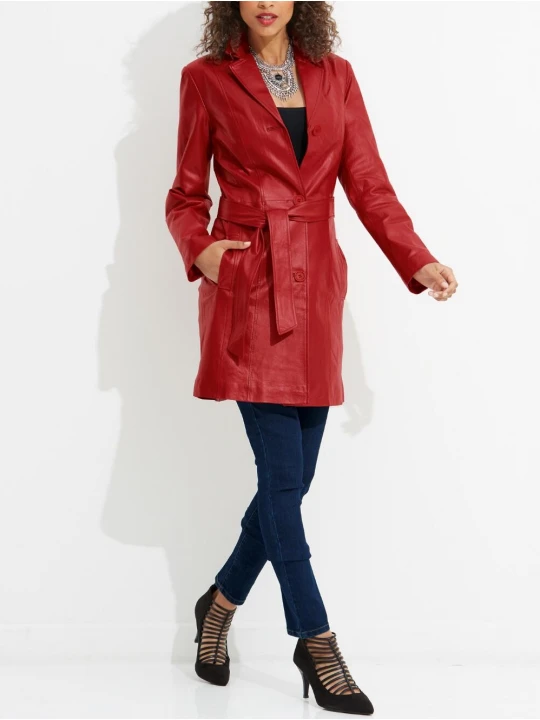 Belted Quality Genuine Red Leather Coat for Women