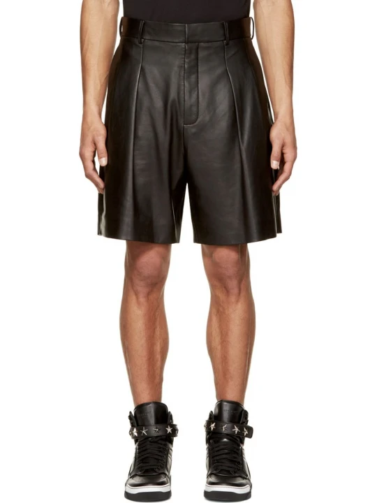 Black Leather Pleated Shorts for Men