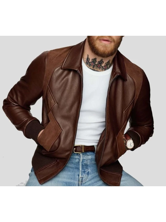 Celebrity Style Pure Brown Leather Bomber Jacket for Men