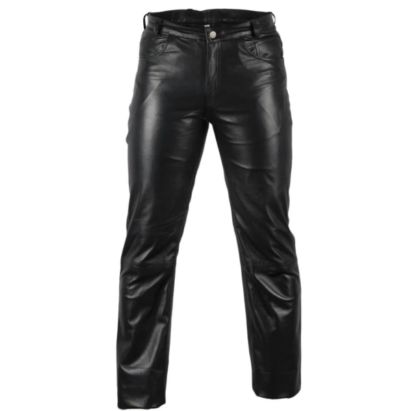 Classic Pure Black Leather Motorcycle Pants for Men