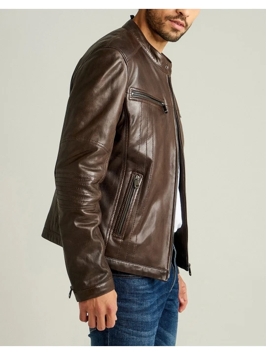 Classic Sporty Slim Fit Brown Leather Jacket for Men