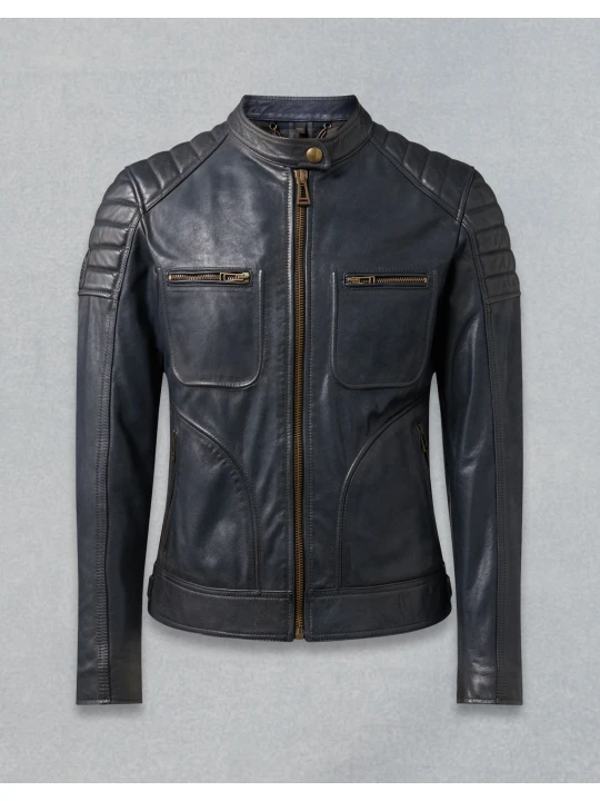 Contemporary Design Quilted Deep Navy Leather Moto Jacket for Men