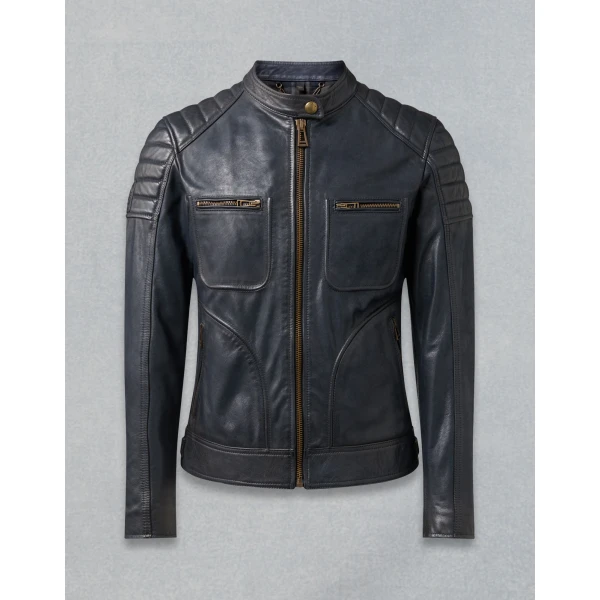 Contemporary Design Quilted Deep Navy Leather Moto Jacket for Men