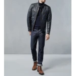 Contemporary Design Quilted Deep Navy Leather Moto Jacket for Men