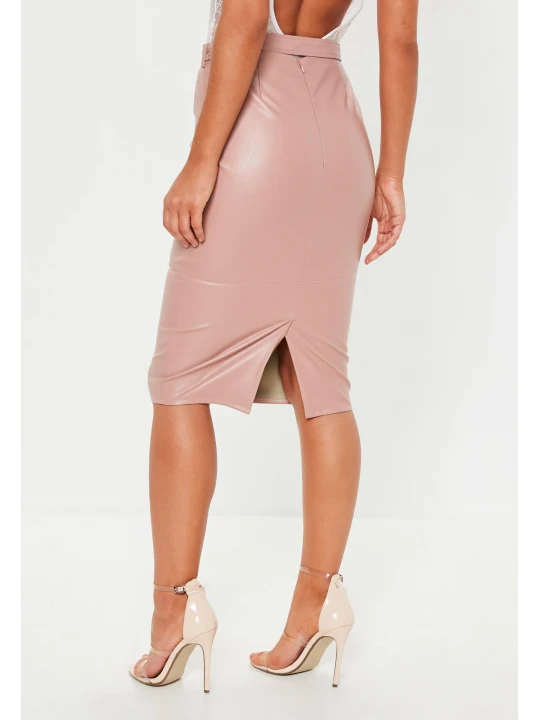 Womens Buckle Detail Cream Leather Midi Pencil Skirt