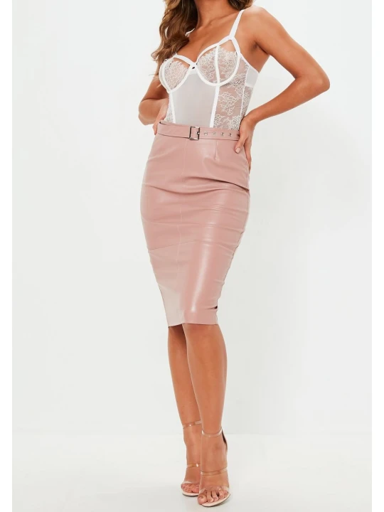 Womens Buckle Detail Cream Leather Midi Pencil Skirt