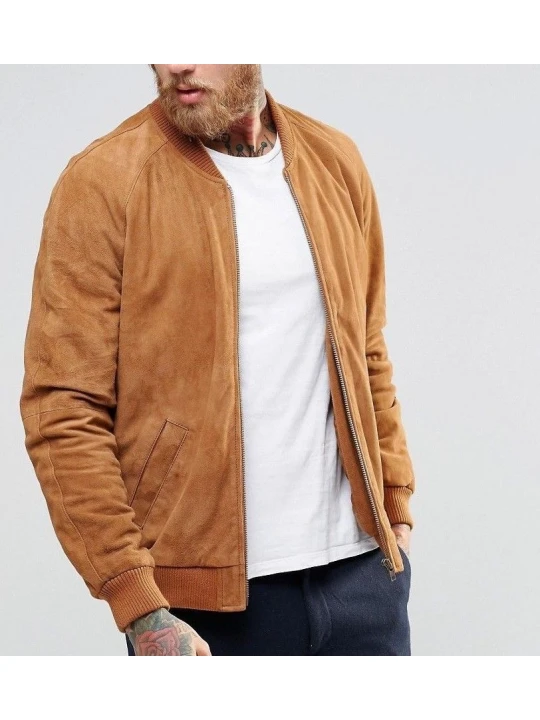 Custom Fit Suede Brown Leather Bomber Flight Jacket for Men