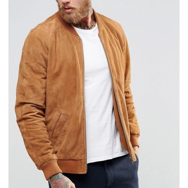 Custom Fit Suede Brown Leather Bomber Flight Jacket for Men