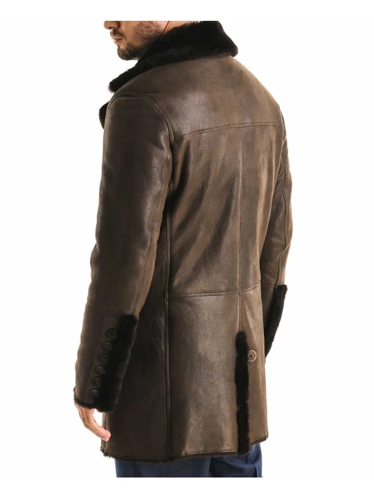 Deep Fur Collar Brown Leather Winter Coat for Men
