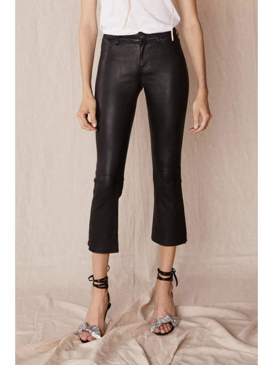 Designer Black Real Leather Capri Pant for Ladies