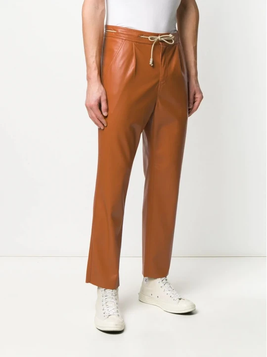 Drawstring Waist Tan Leather Trousers Pant for Men