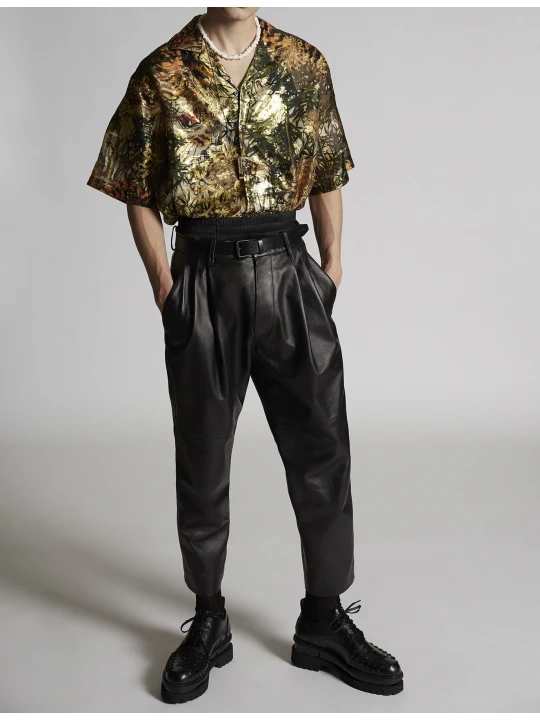 Dynamic Look Genuine Black Leather Pleat Fight Pants for Men