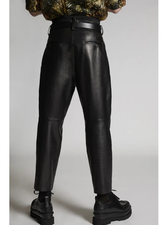 Dynamic Look Genuine Black Leather Pleat Fight Pants for Men