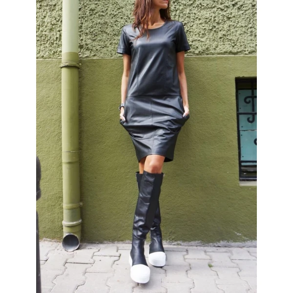 Elegant Short Sleeves Navy Blue Real Leather Mini Short Party Dress