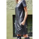 Elegant Short Sleeves Navy Blue Real Leather Mini Short Party Dress