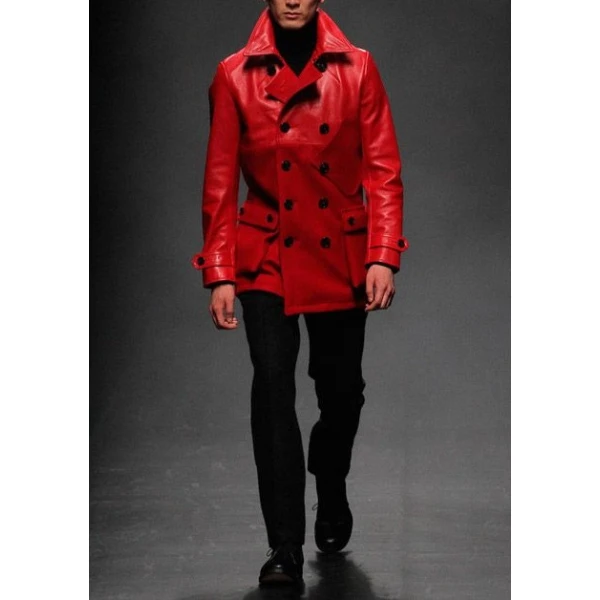 Front Button Closure Pure Red Leather Coat for Men