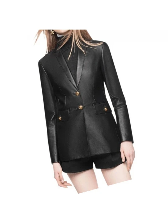 Front Buttoned Pockets Pure Black Leather Blazer Coat for Women
