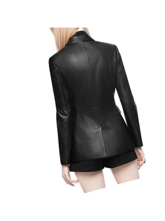 Front Buttoned Pockets Pure Black Leather Blazer Coat for Women