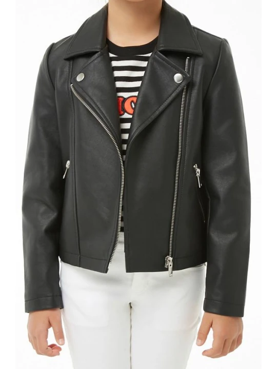 Girls Elegant Pure Black Leather Jacket